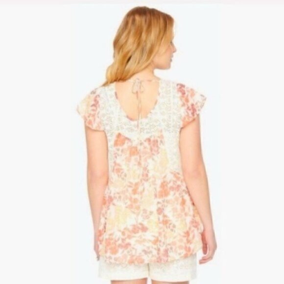 Motherhood Maternity Shirt S Flutter Sleeve Lace Panels Floral - Picture 8 of 11